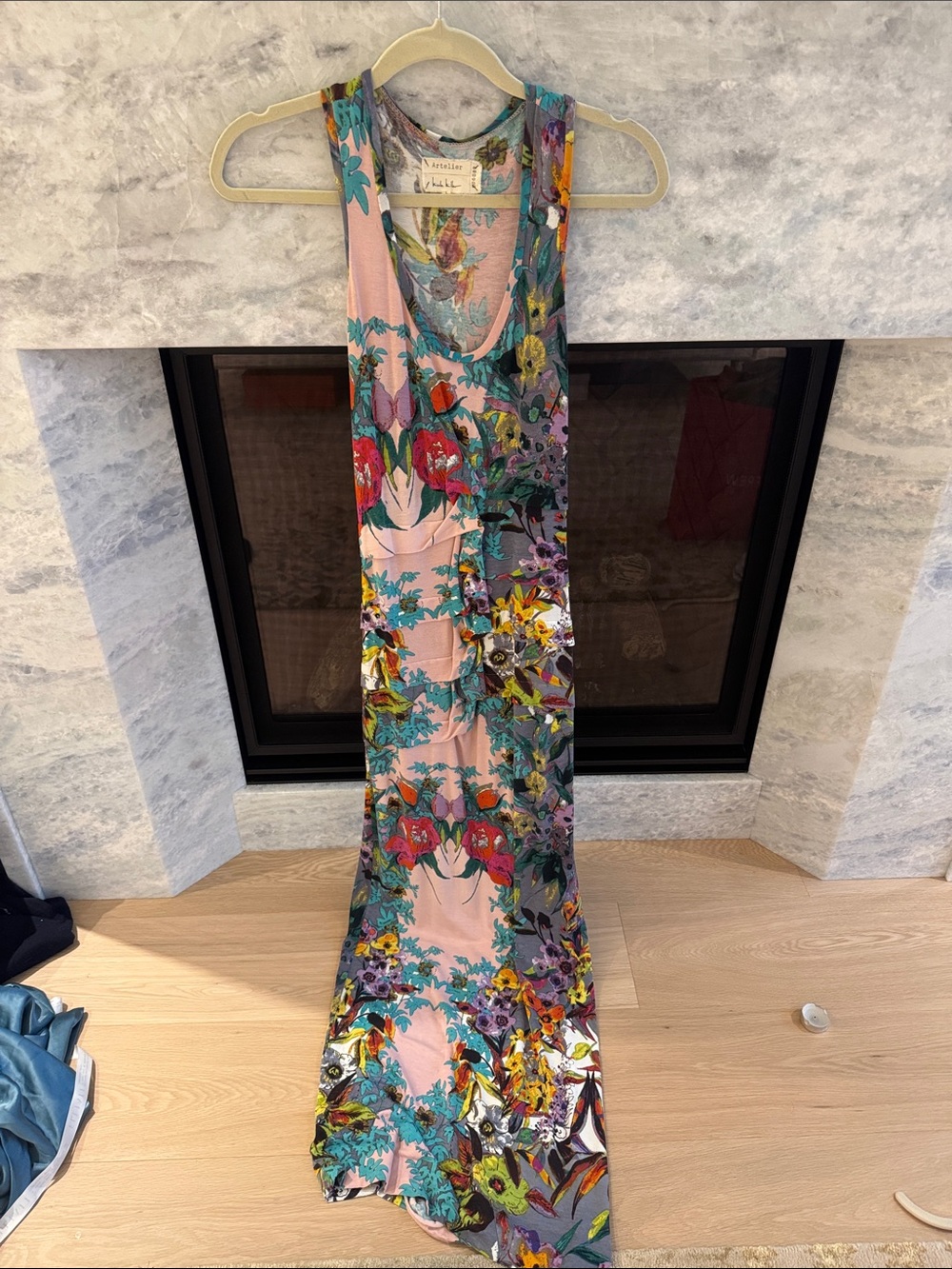 Nicole Miller Pink and Teal Floral Maxi Dress
